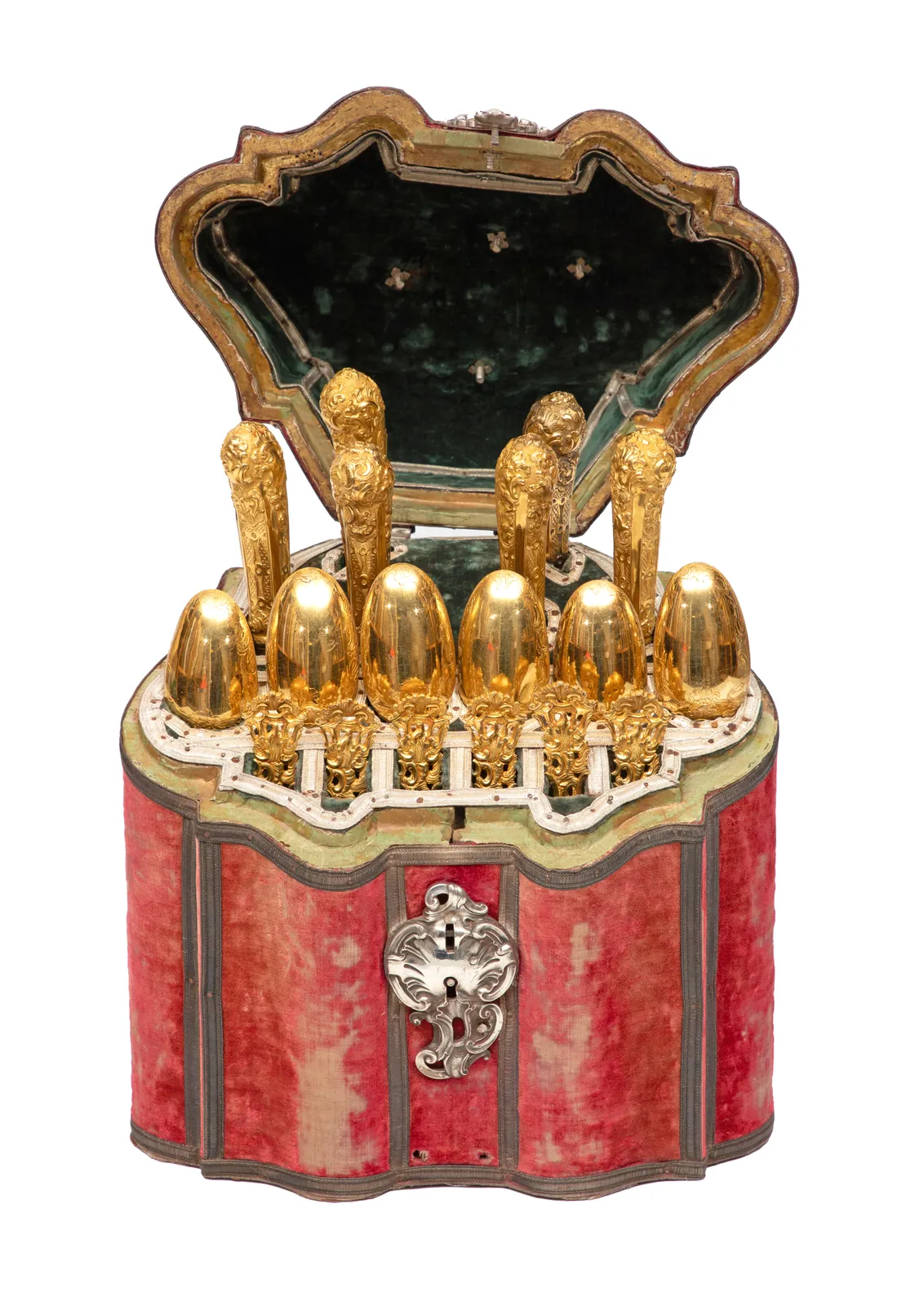 Conjunto de talheres - colheres, garfos e facas em ouro (6 de cada), com estojo/barretina, Portugal, Lisboa, ca. 1740-1750