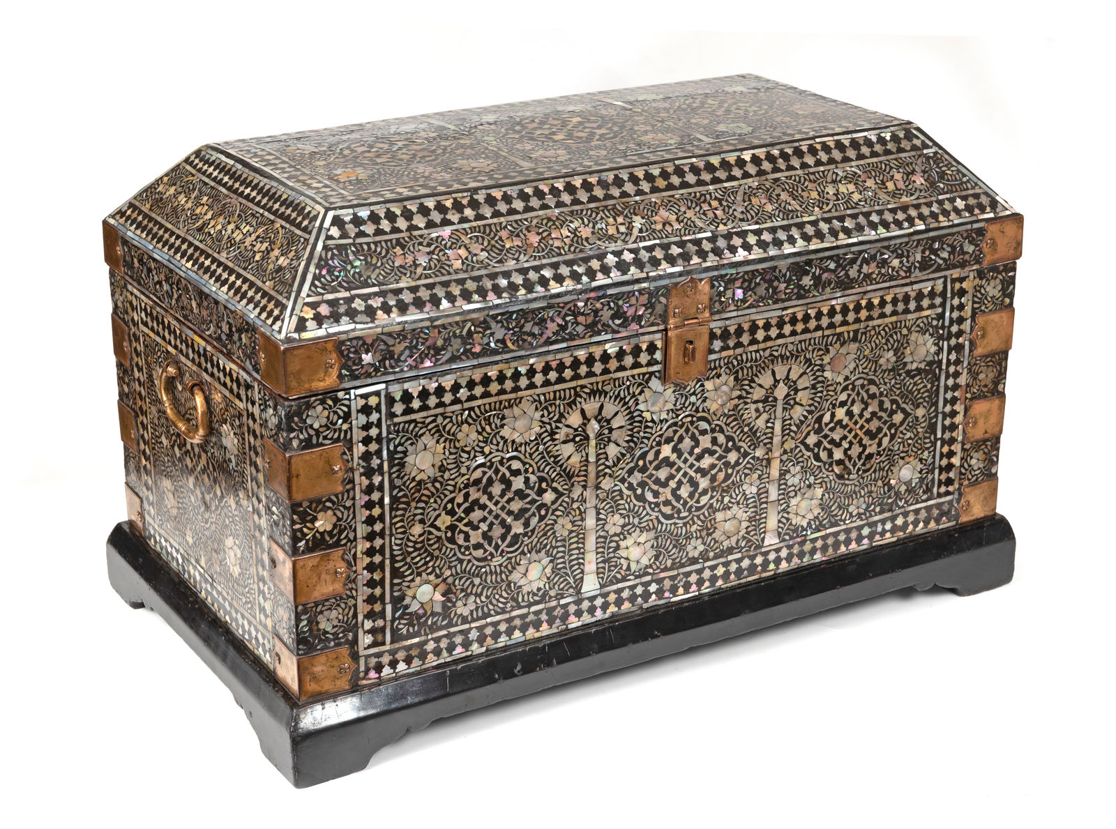 An Indo-Portuguese large mother-of-pearl and mastic Gujarati chest, India, Gujarat; second half of the 16th century