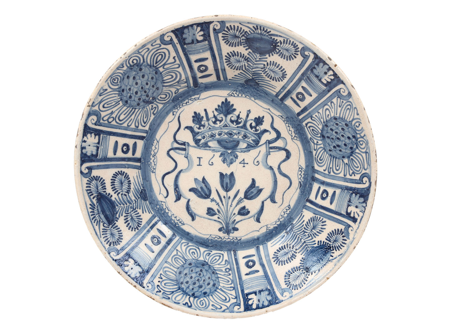 A Tulips armorial display plate, Lisbon, 1646