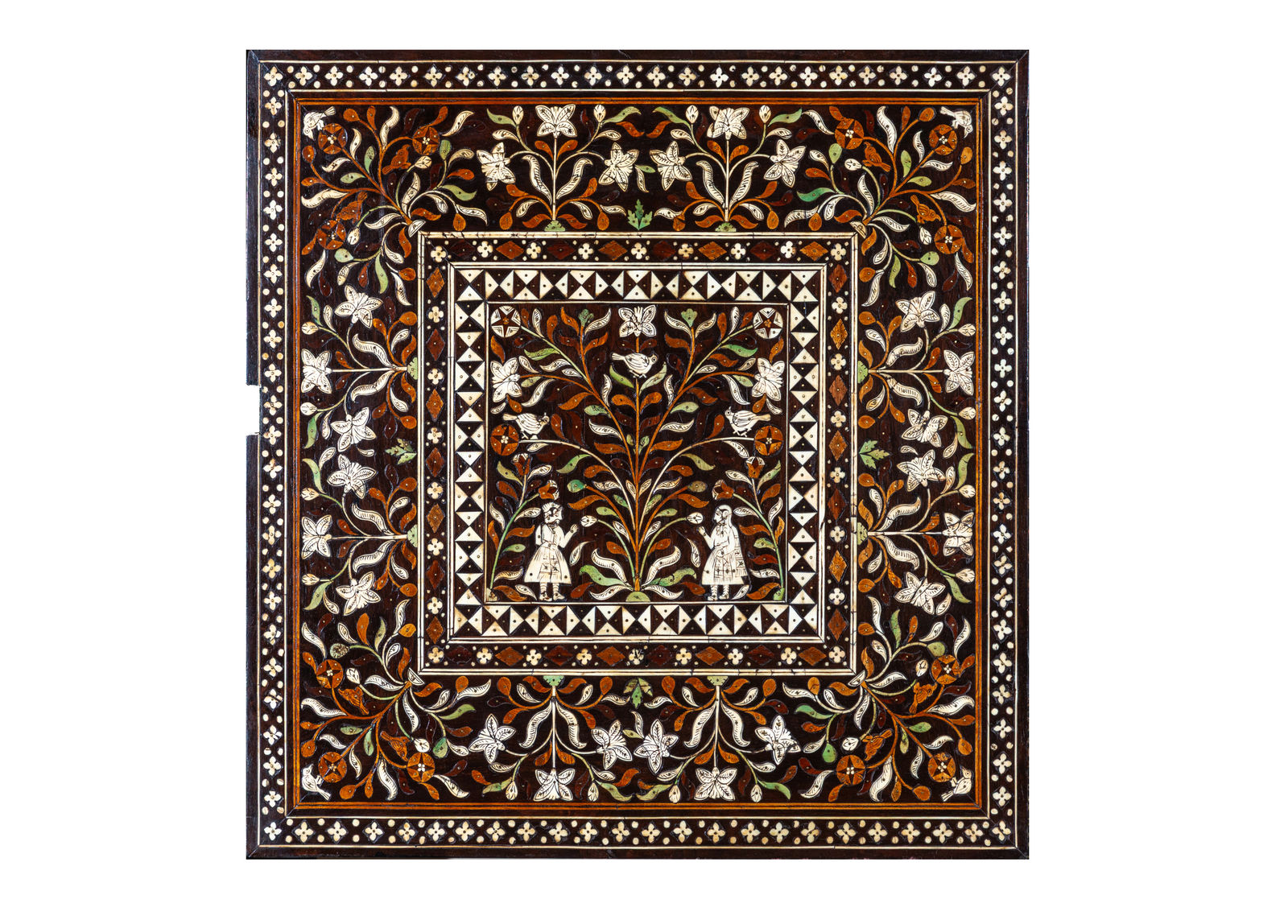 A two-door Indo-Portuguese cabinet on stand depicting Portuguese noblemen hunting scenes, India, probably Thane; 1560–1630