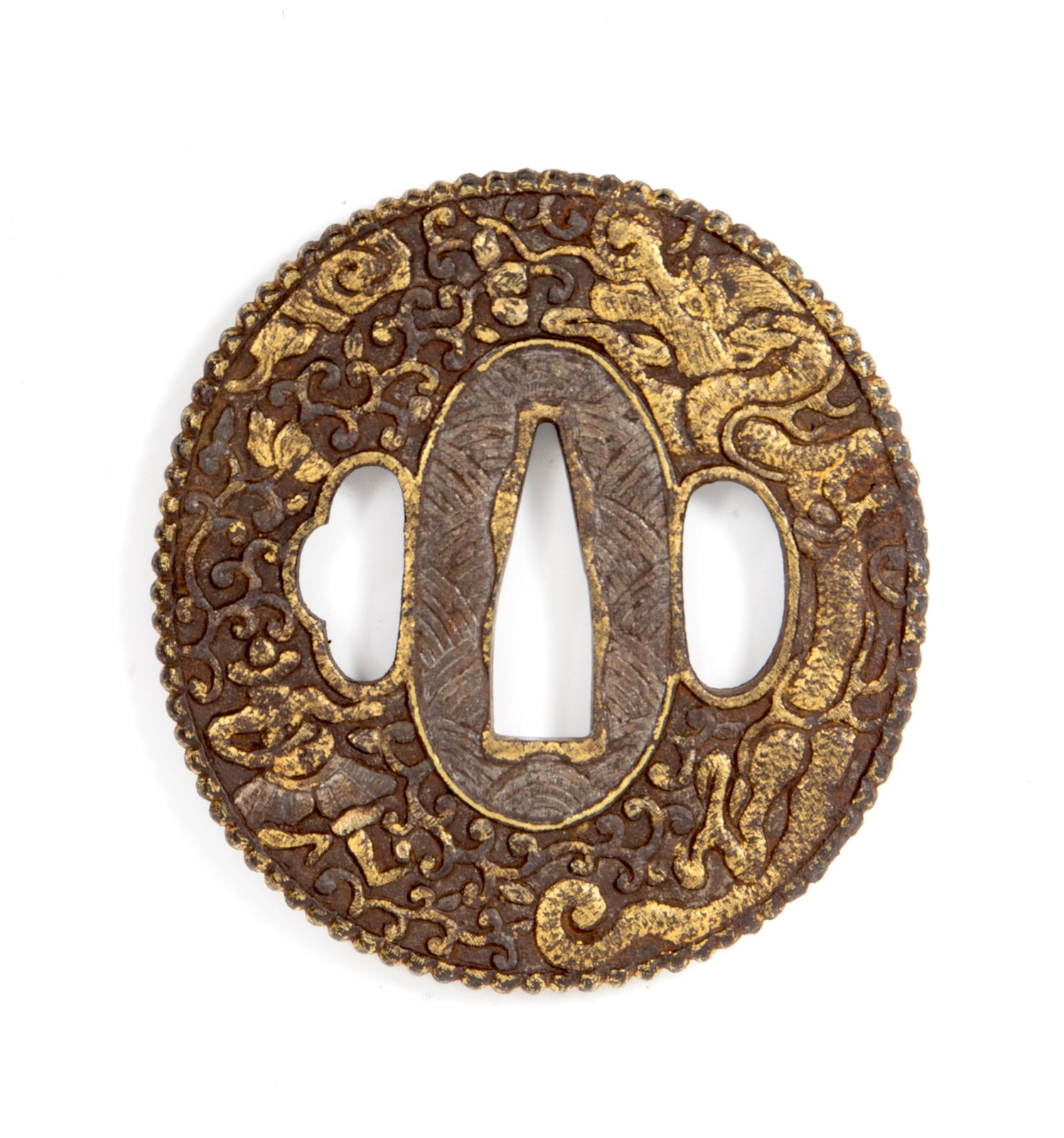 Tsuba Namban, "Europeus e a Dança do dragão dourado", Japão, inícios séc. XVII