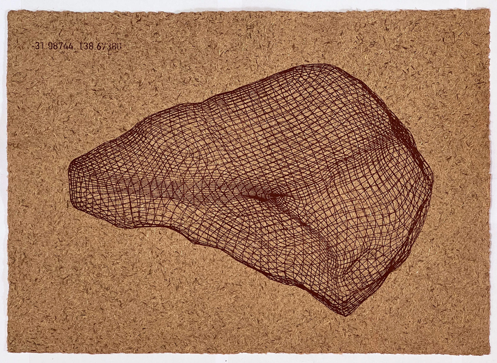 Kyoko Hashimoto and Guy Keulemans, Red ochre print of a 3D scanned rock on kurrajong paper, 2024