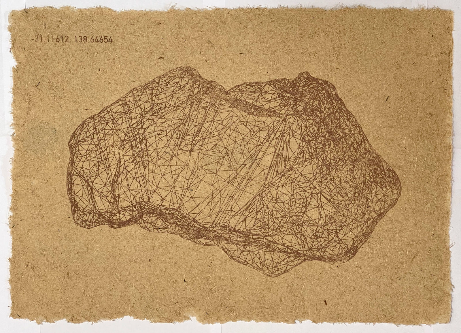 Kyoko Hashimoto and Guy Keulemans, Purple ochre print of a 3D scanned purple orchre rock on gum paper, 2024