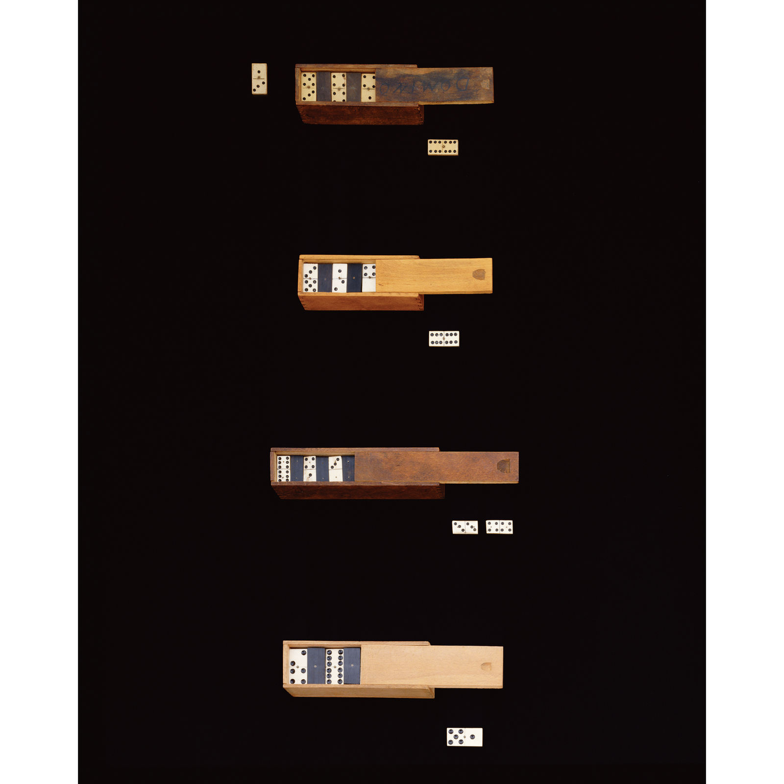 Jacky Redgate, Life of the System #14 Four boxes of dominoes, 1998