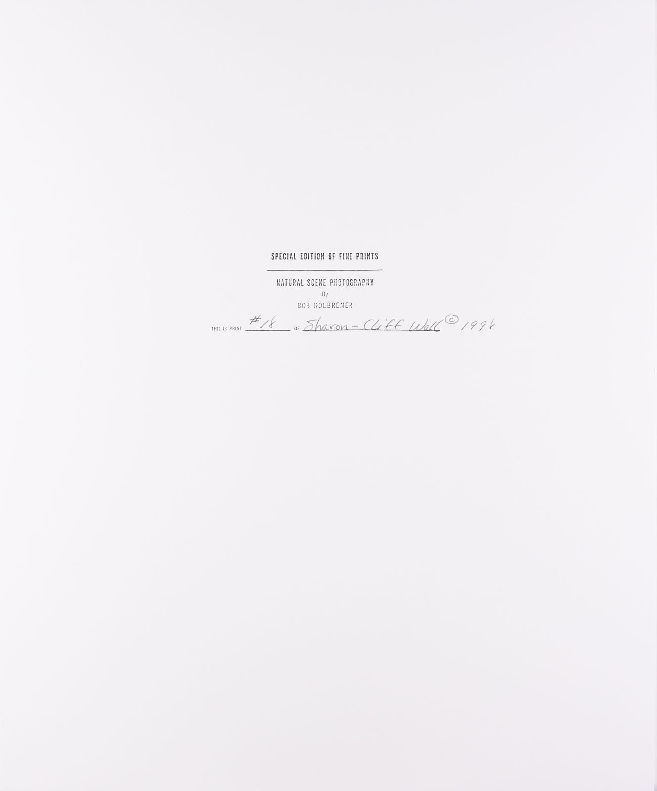 Bob Kolbrener, Sharon, Cliff Wall, 1996