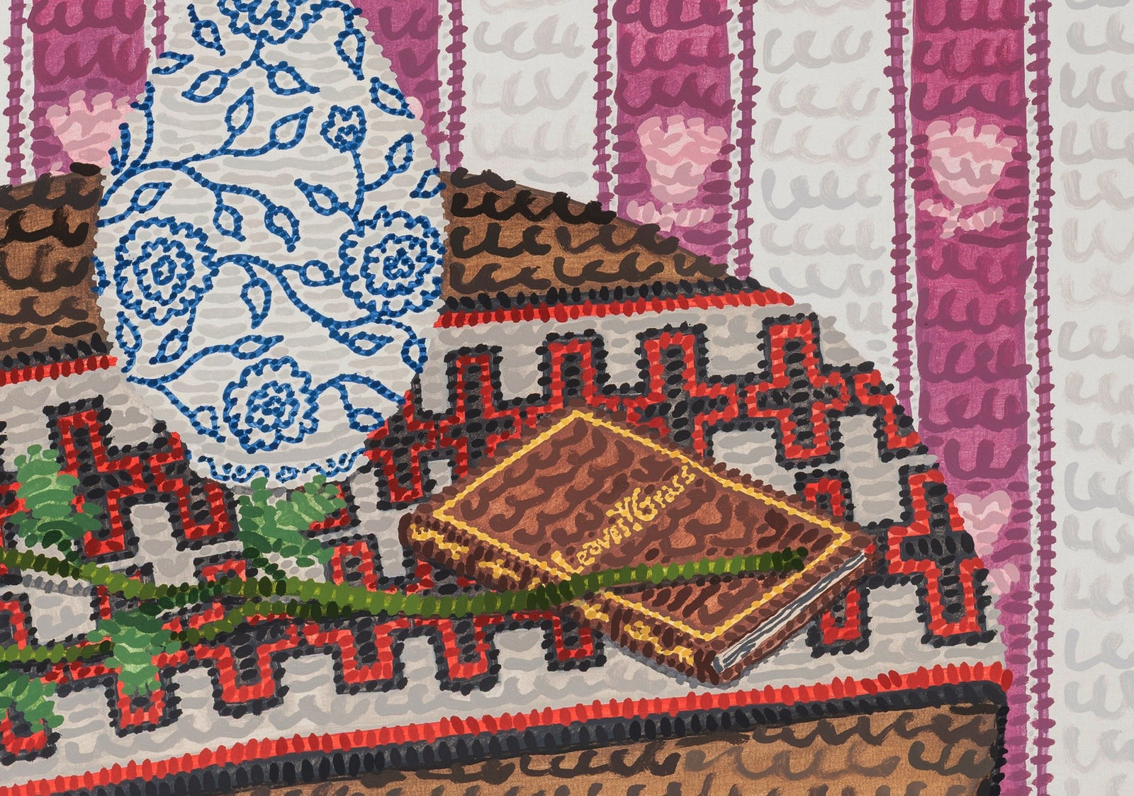 Howard Fonda, Untitled (chrysanthemum, ming vase, Leaves of Grass, Diné blanket, colonial table, Peche wallpaper, Manet, and Bouts), 2024