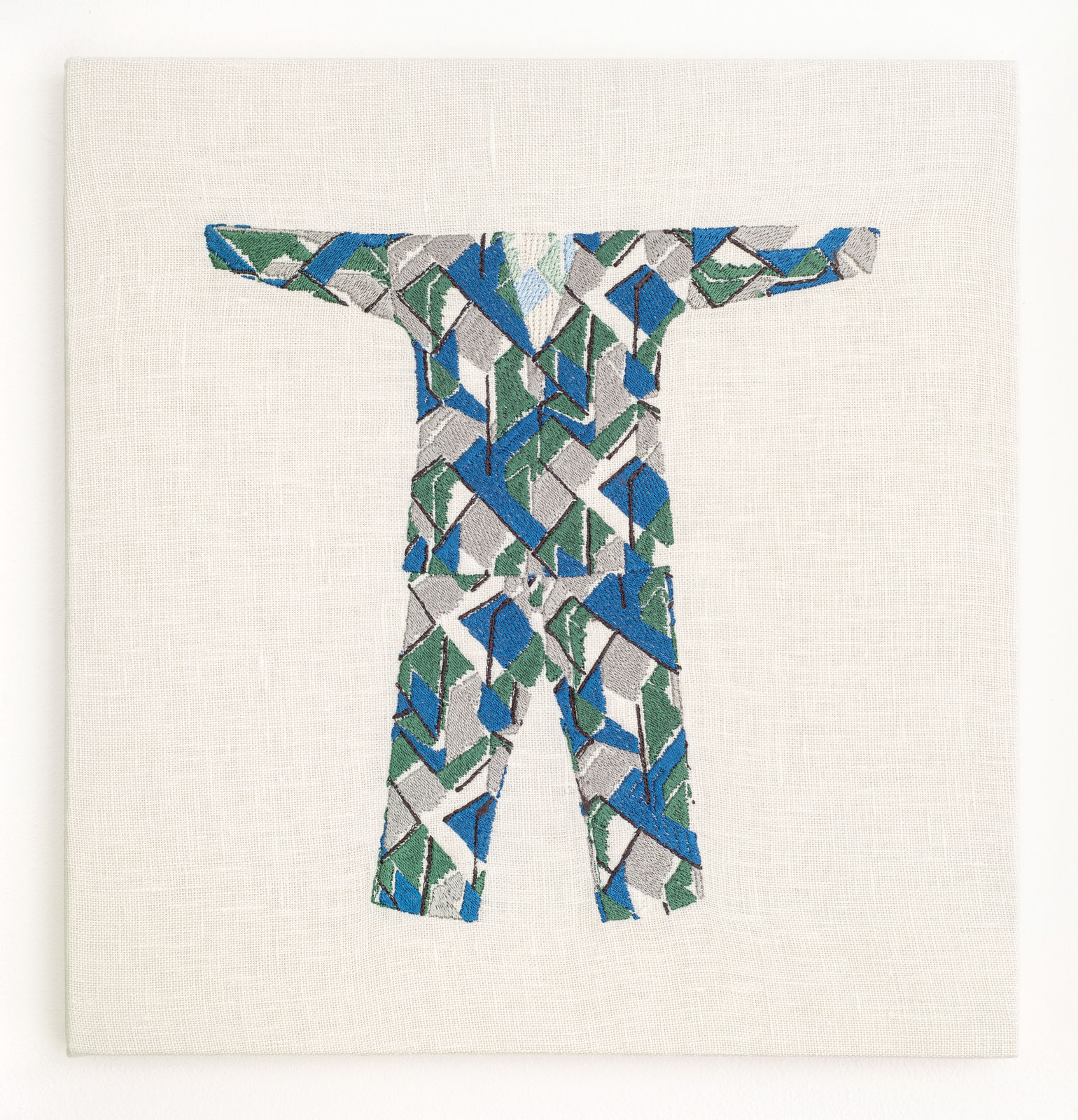 Elaine Reichek, Vanessa Bell's "Maud" for Roger Fry's Pajamas, Small Version (Gray, Green, Blue), 2023