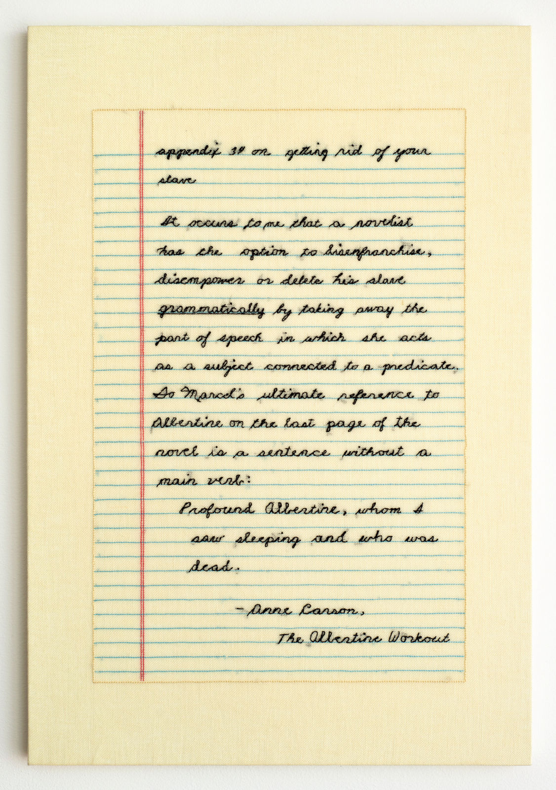 Elaine Reichek, The Albertine Workout, Appendix 34, 2016