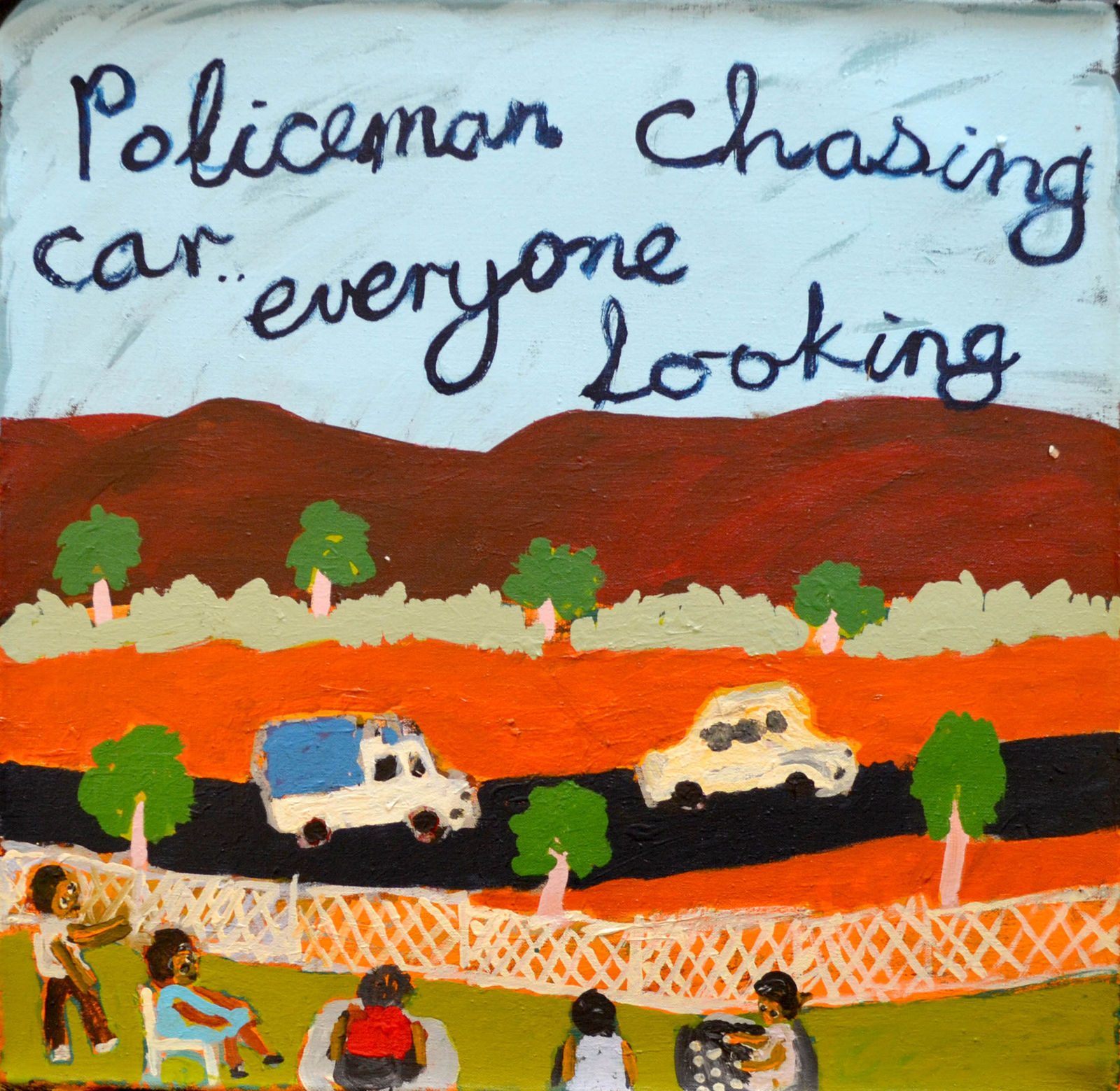 Sally M Mulda, Policeman chasing car everyone looking