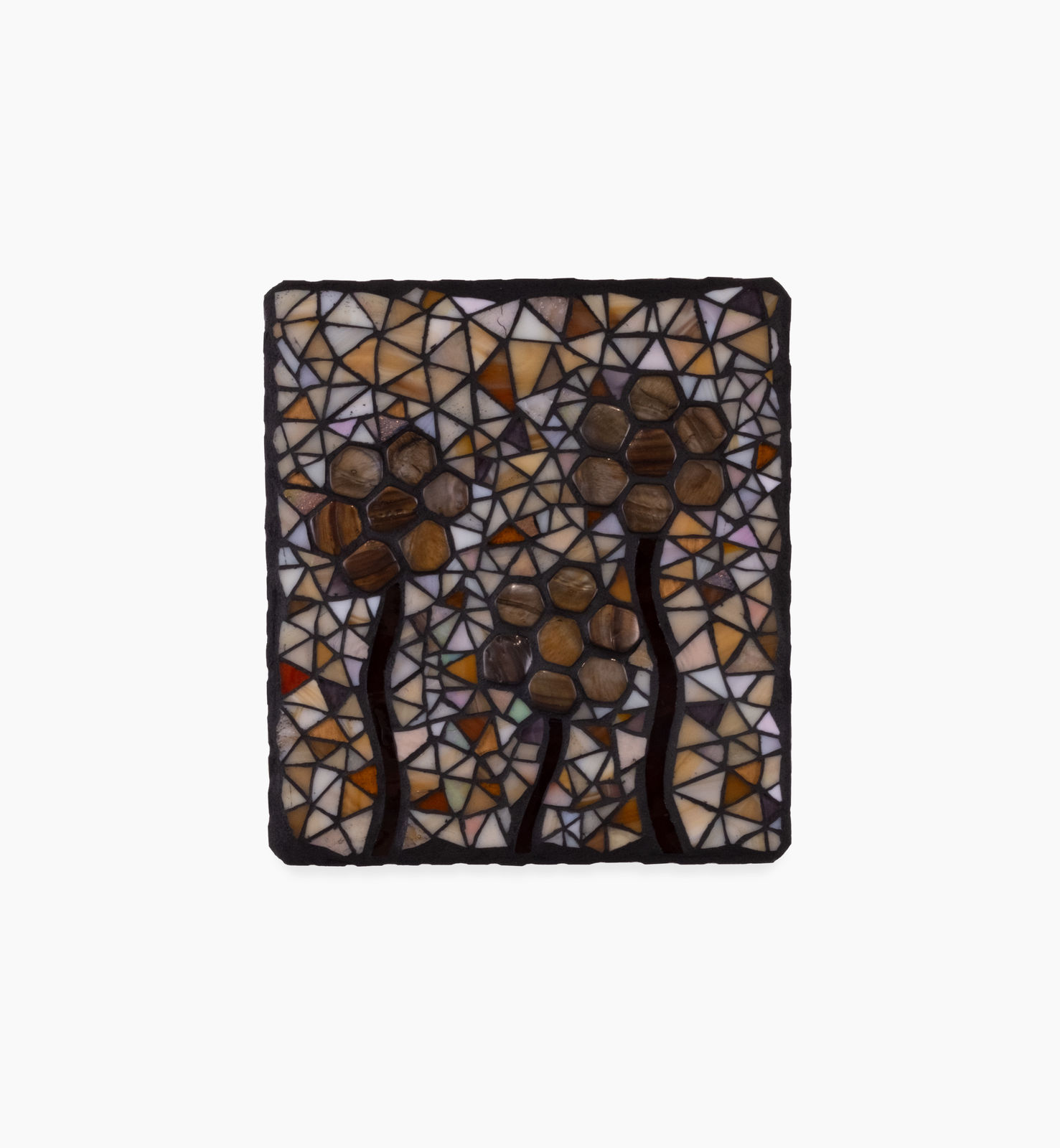 A mosaic featuring three brown flowers by Leah Shirley.