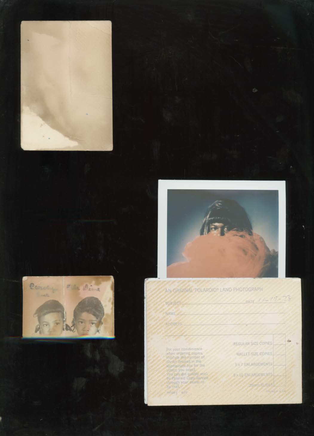 A scanned collage by Shabez Jamal showing faded or discolored family photographs intermixed with contemporary self portraits of the artist. Dust and smudges from the scanner plate surround each photograph.