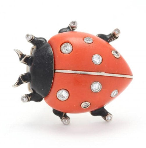 Cartier, A French Coral, Diamond and Enamel Ladybug Brooch, c. 1930