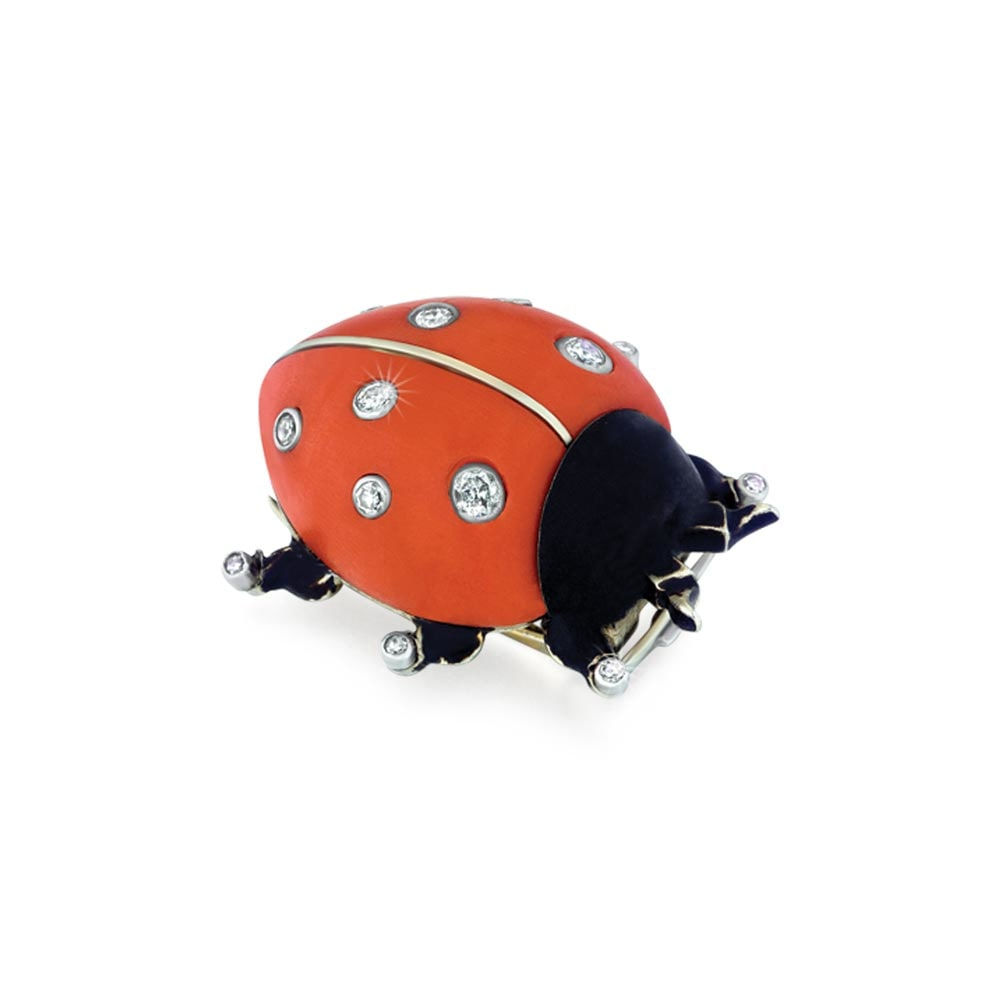 Cartier, A French Coral, Diamond and Enamel Ladybug Brooch, c. 1930