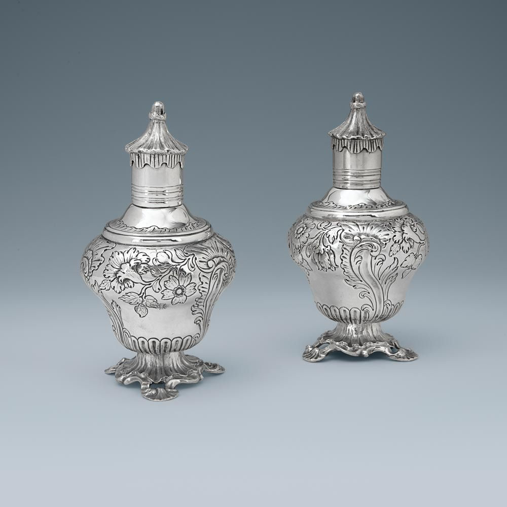 John Jacob, A Pair of George II Antique English Silver Tea Caddies, 1755