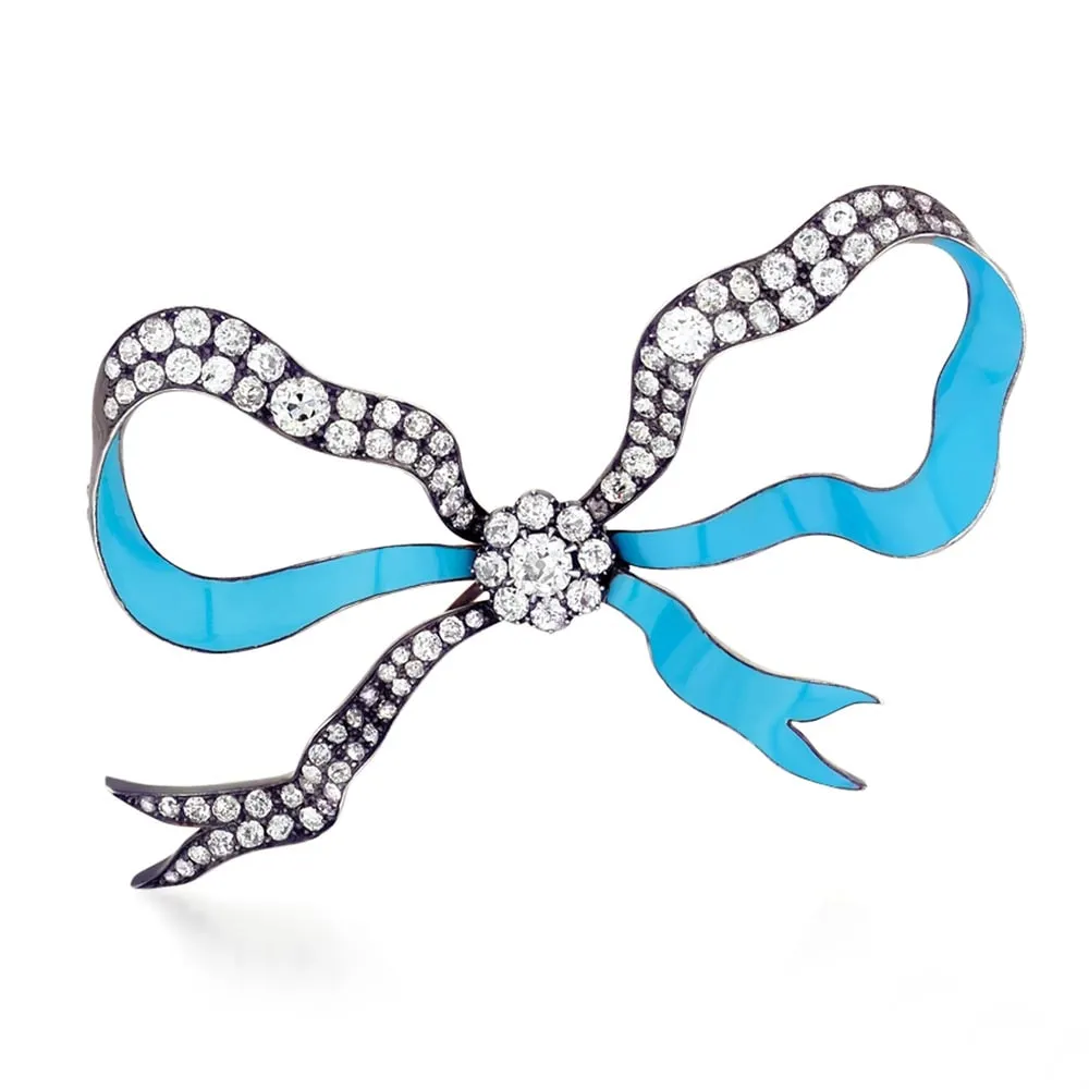 An Antique Enamel & Diamond Bow Brooch, c. 1860