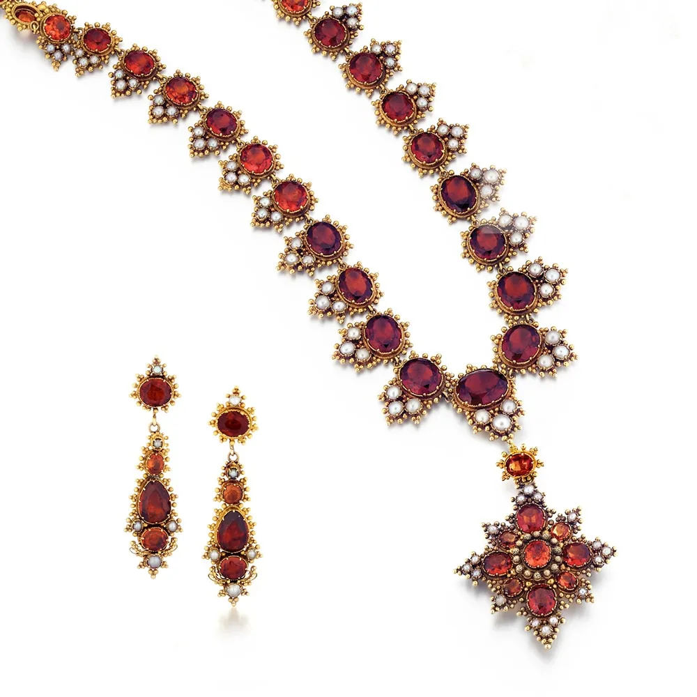 An Orange Hessonite Garnet & Pearl Suite, c. 1840