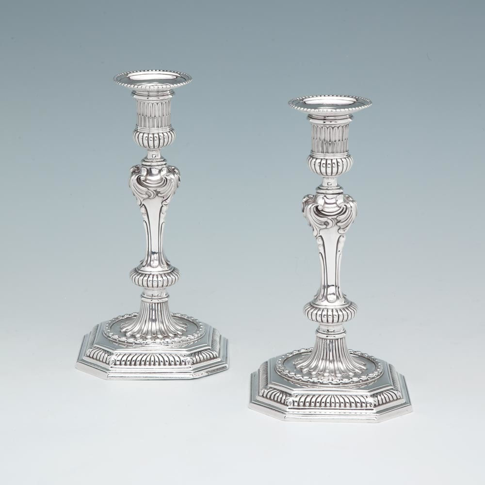 Paul de Lamerie, A Pair of George II Antique English Silver Candlesticks, 1741