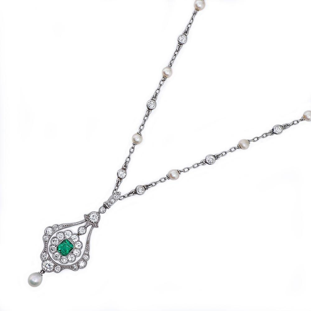An Edwardian Pearl, Emerald and Diamond Necklace, c. 1915