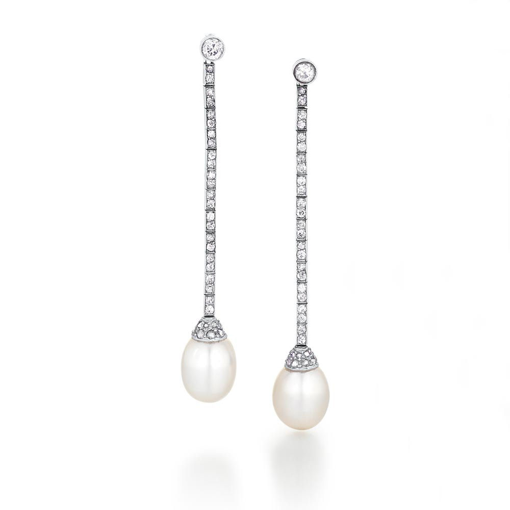 A Pair of Art Deco Natural Pearl and Diamond Earrings, c. 1925
