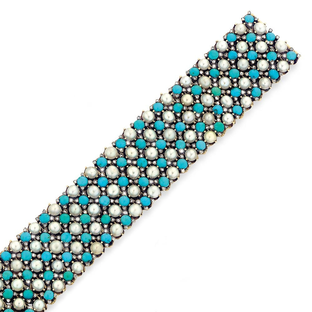 An Antique French Pearl, Turquoise and Diamond Bracelet, c. 1870