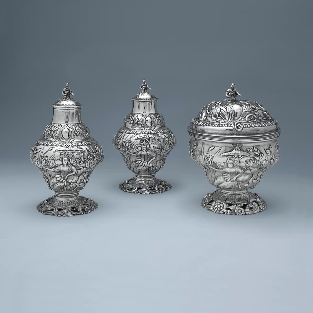 Samuel Taylor, A George III Antique English Silver Chinoiserie Tea Caddies, 1762