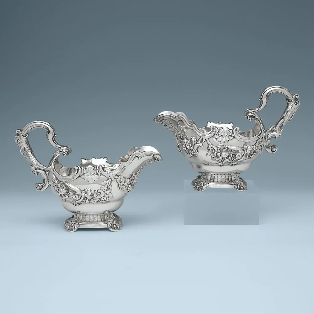 Lewis Pantin, A Pair of George II Antique English Silver Sauce Boats, c. 1738