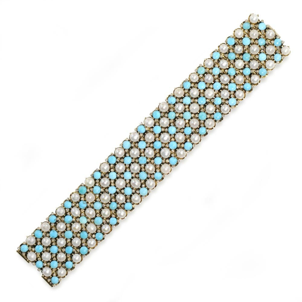 An Antique French Pearl, Turquoise and Diamond Bracelet, c. 1870