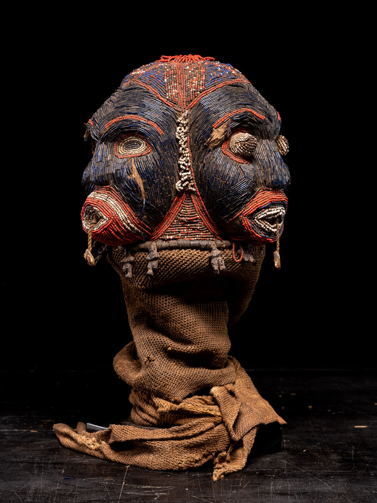 Bamileke Triple Cult head embroidered with dark blue European Glassbeads.Bamileke People,Cameroon, 1st half 20th Century
