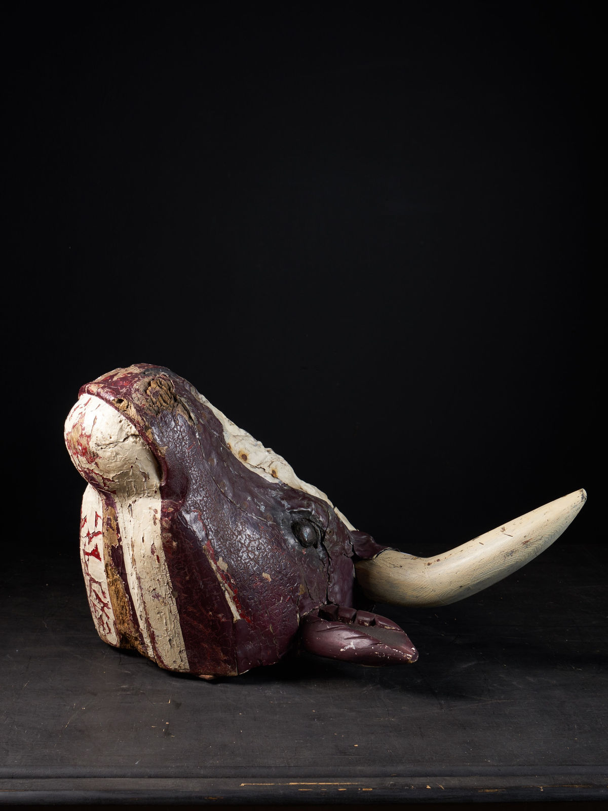 19 th C Butcher's Exterior Shop Sign of a wooden Steer Head covered with polychromed weathered lead, 1st half 19th Century