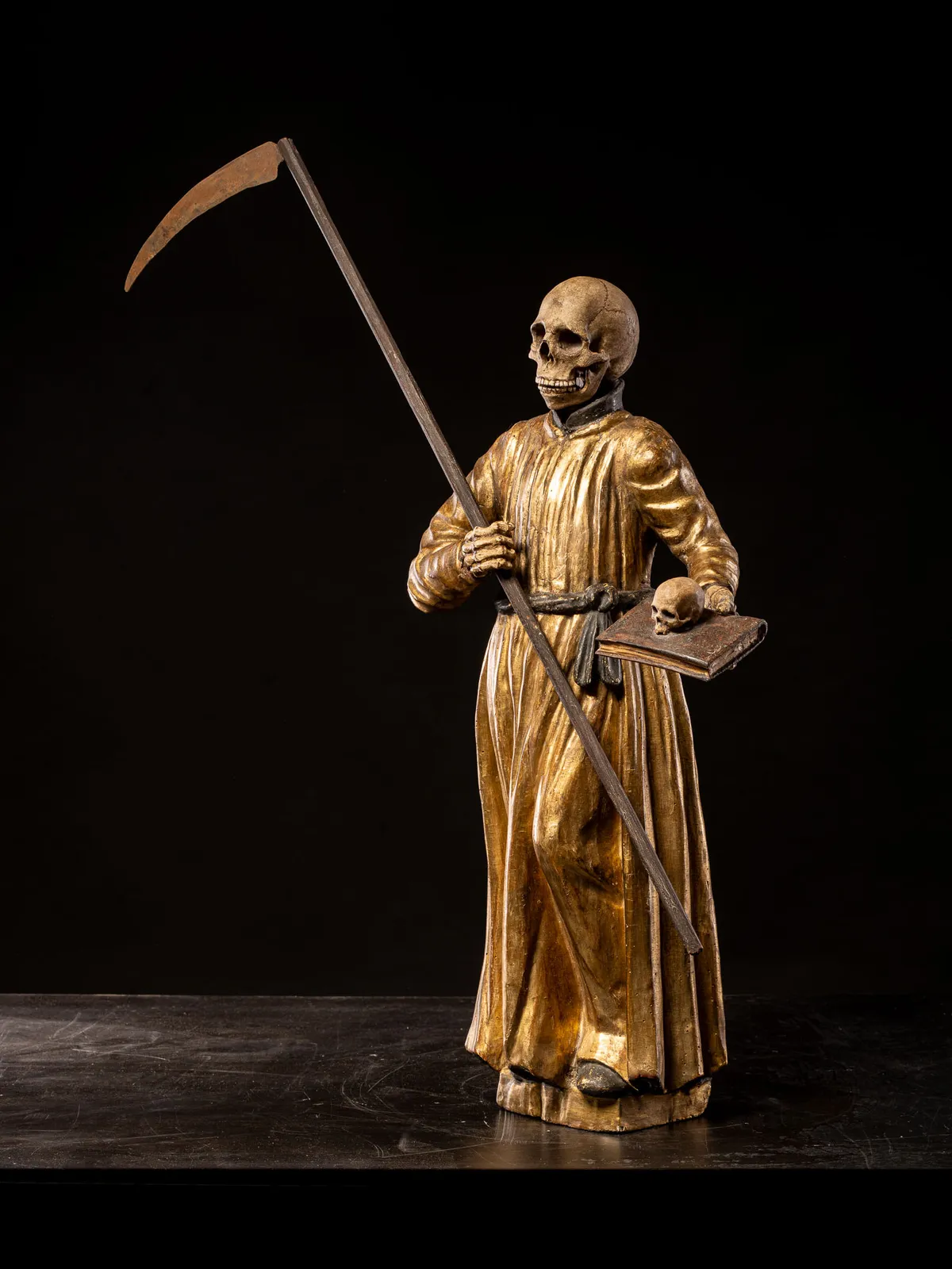 18th C South German polychromed and gilt wood figure of a Monastic “Poor Soul” (Arme Seele), 18th C