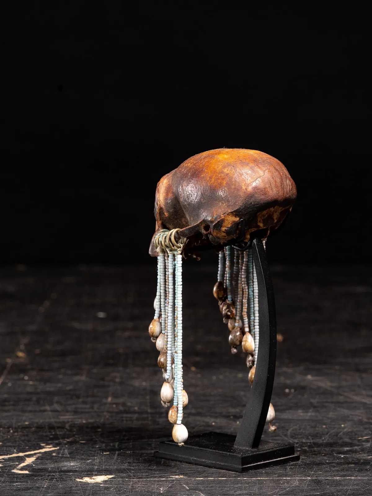 Small Ceremonial Monkey Skul decorated with beads, Borneo, 1st half 20th Century