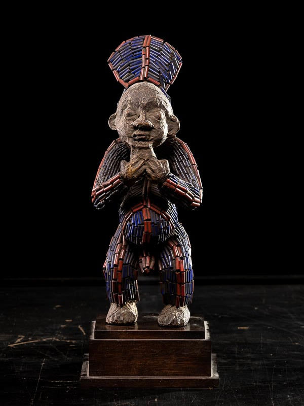 Bamoun commemorative Statue of a King embroided with European glassbeads.Bamoum People,Cameroon., 20th Century
