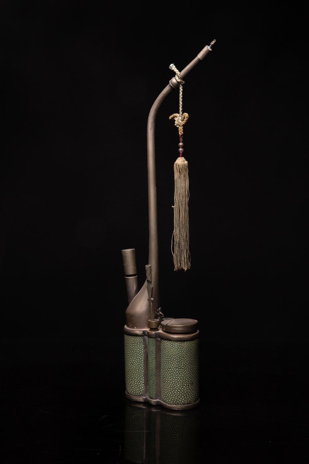 Chinese Metal Water Pipe, covered with Green Dyed Ray Skin and signed under the lid, 19th Century