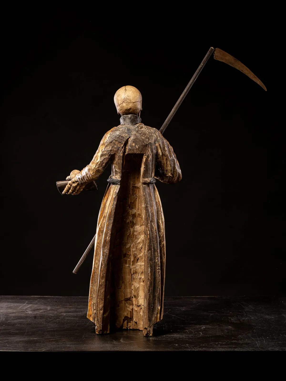 18th C South German polychromed and gilt wood figure of a Monastic “Poor Soul” (Arme Seele), 18th C