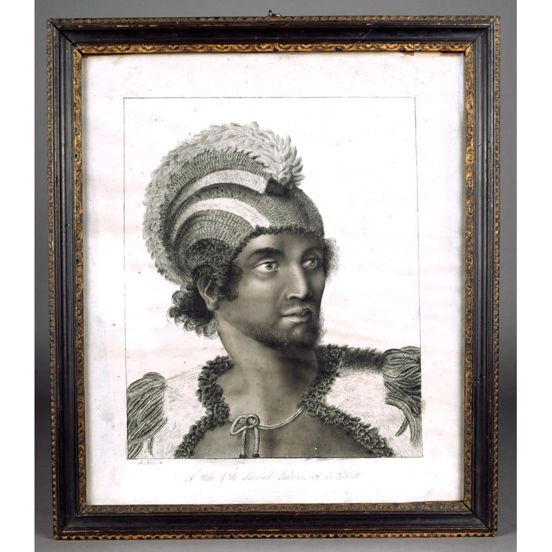 A Man of the Sandwich Islands with his Helmet by A. Harriott after John Webber, pen and wash, 28cm x 23.5cm. The identity of this man is said to be the Hawaiian chief Kana'ina, who was killed in the fighting following James Cook's death on 14th February 1, 18th Century