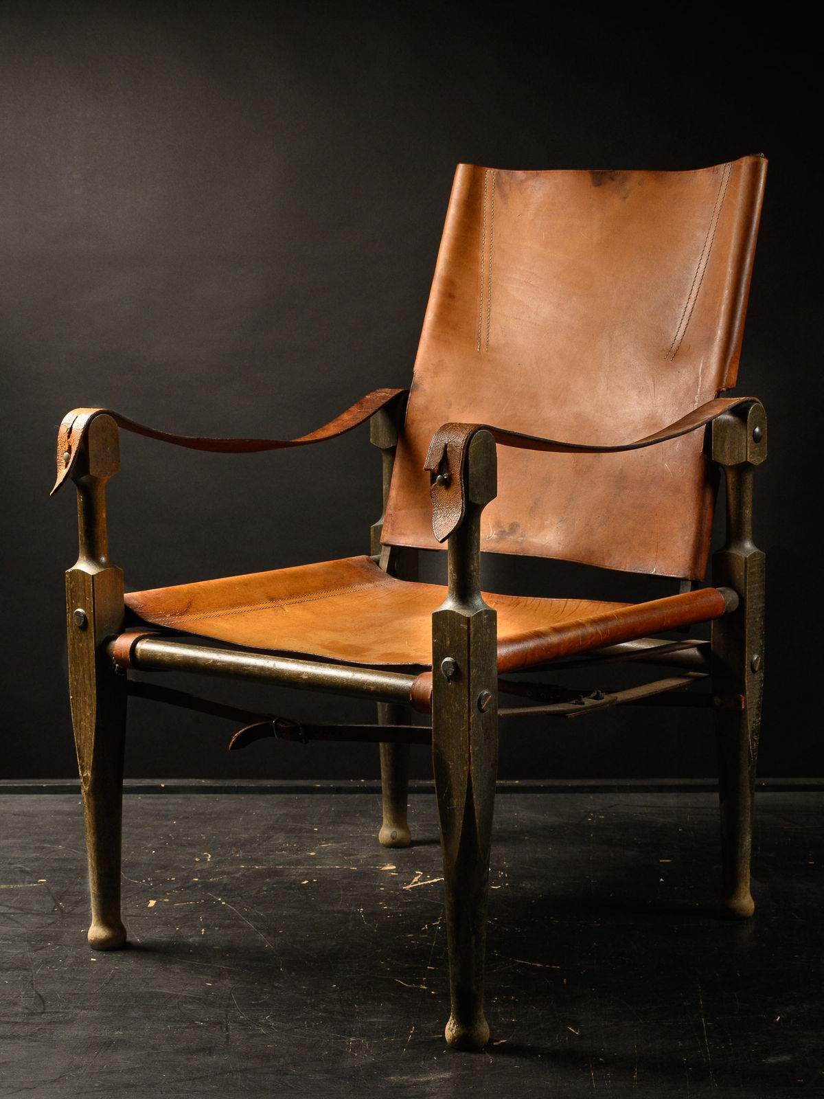 Two vintage Danish Safari chair in tan leather by Kaare Klint for Rud Rasmussen.(NOT A PAIR), 2nd half 20 th C