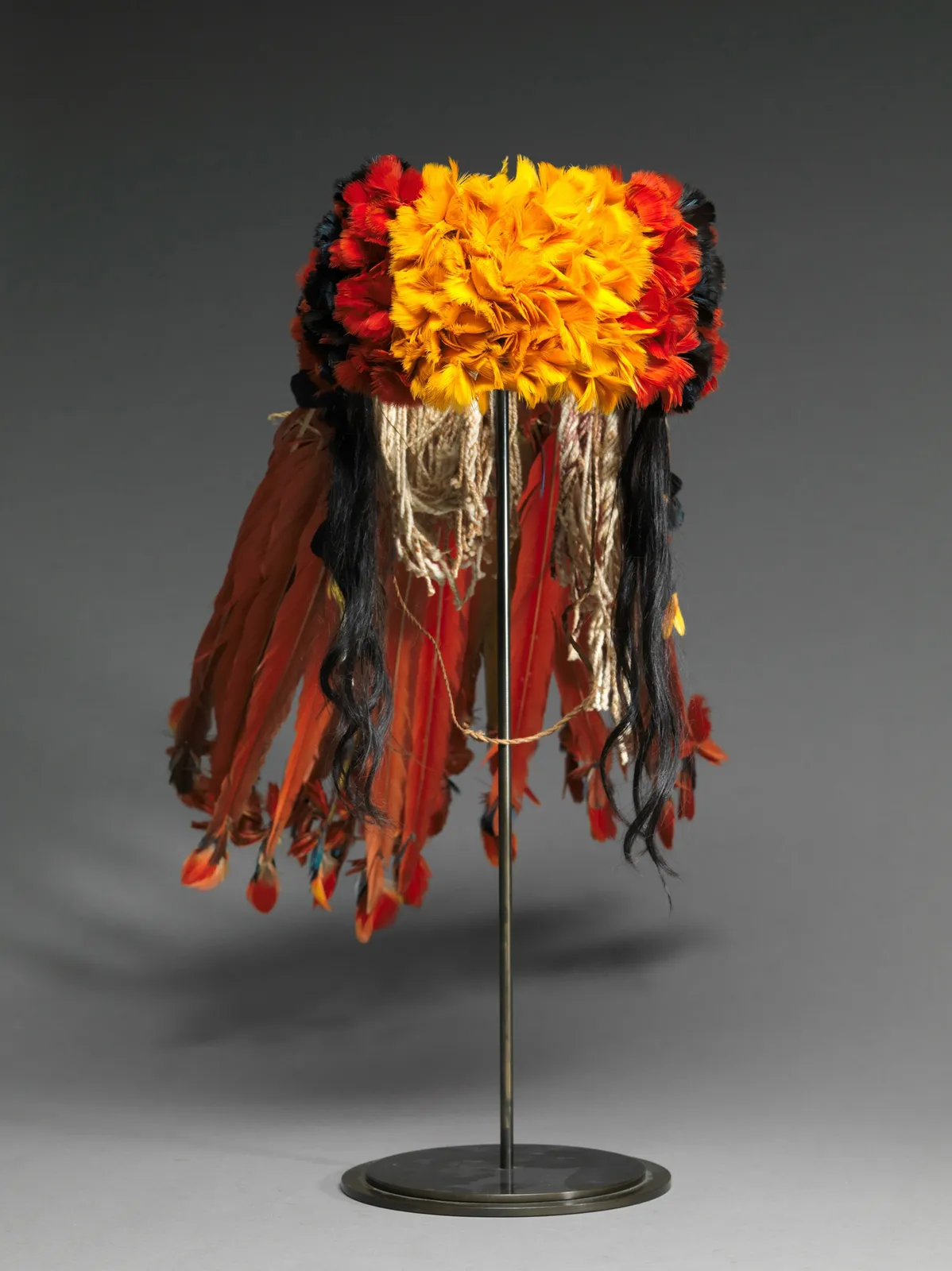 Myhara Rikbaktsa Amazon indigenous neck covering feather and hair headcrown, 20th Century