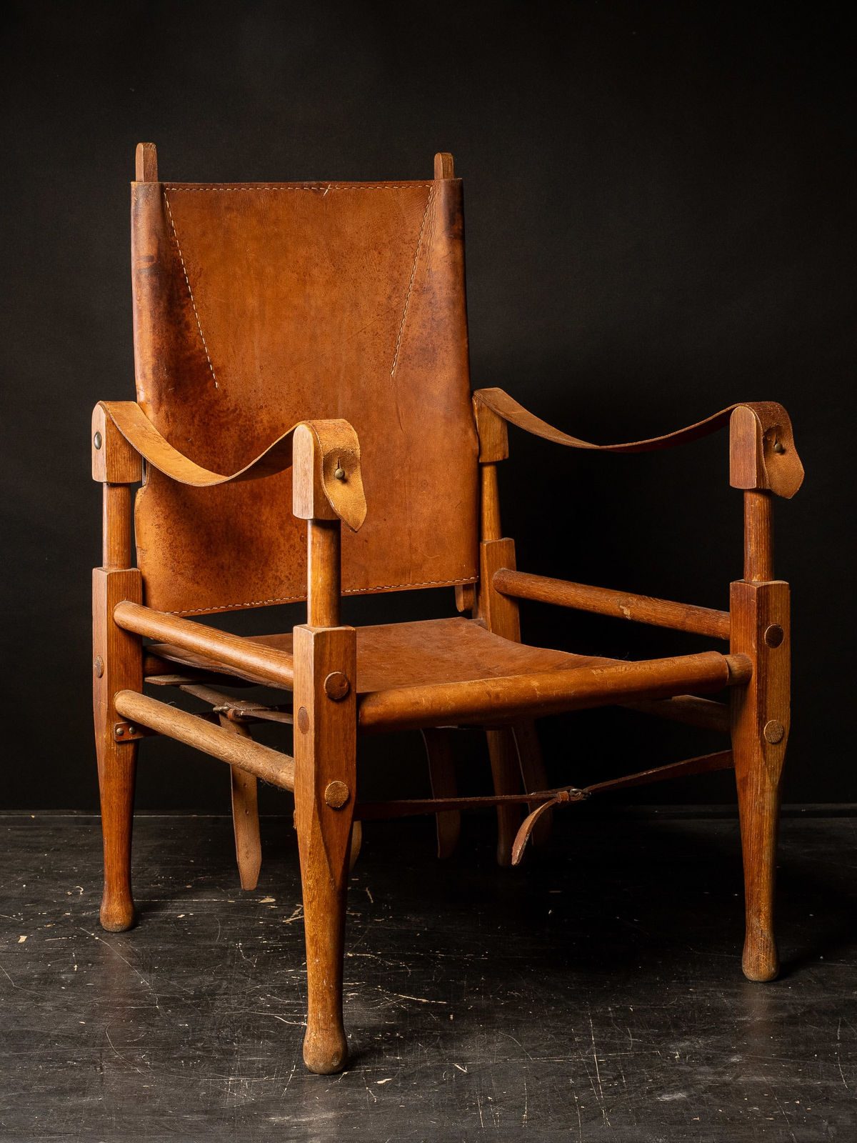 Two vintage Danish Safari chair in tan leather by Kaare Klint for Rud Rasmussen.(NOT A PAIR), 2nd half 20 th C