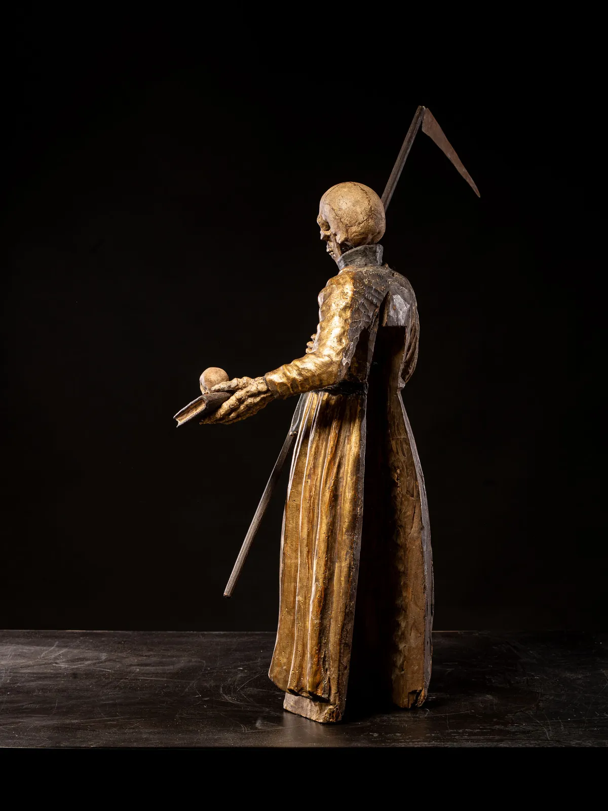18th C South German polychromed and gilt wood figure of a Monastic “Poor Soul” (Arme Seele), 18th C