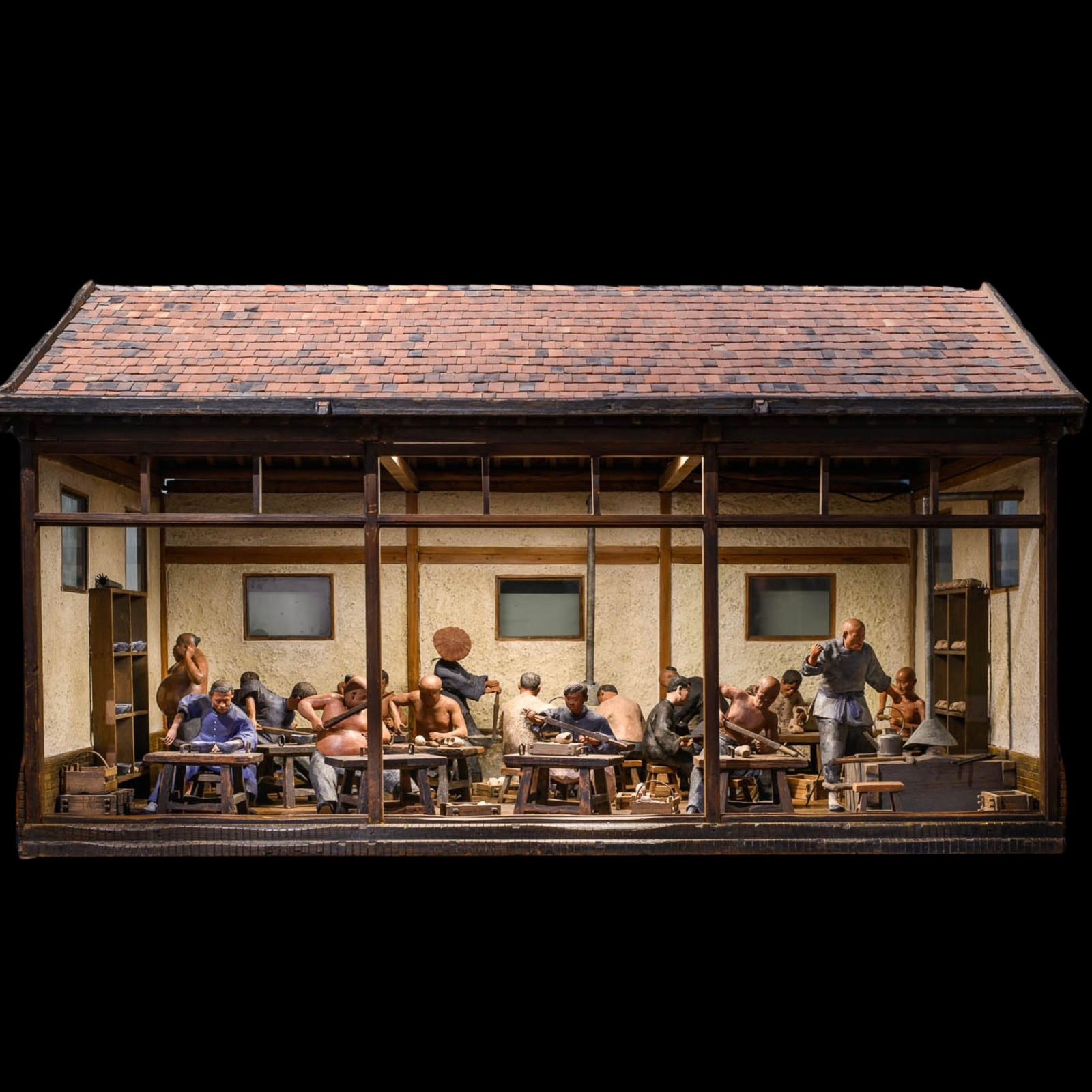 Chinese Ceramic Workshop-Scaled model with 17 polychromed figures., 19th Century