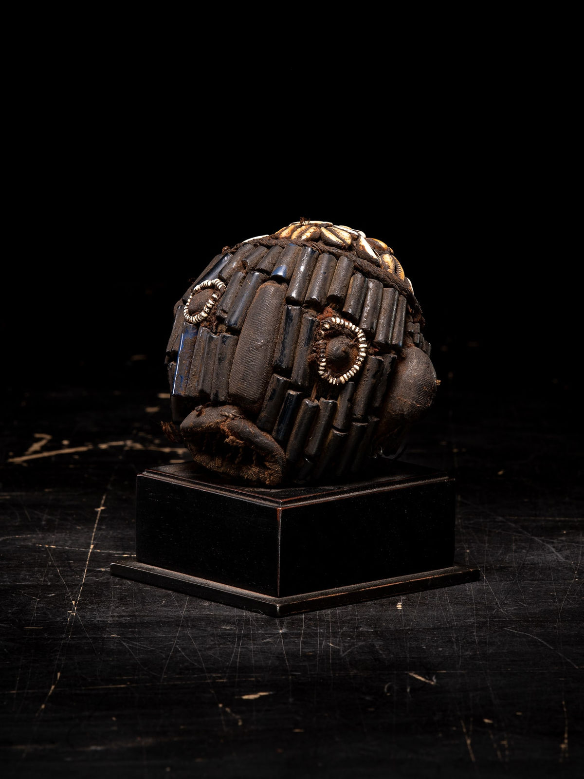Bamileke Old Anthropomorphic Trophy Head embroidered with European Glass Beads, Grasslands People, Cameroon.,