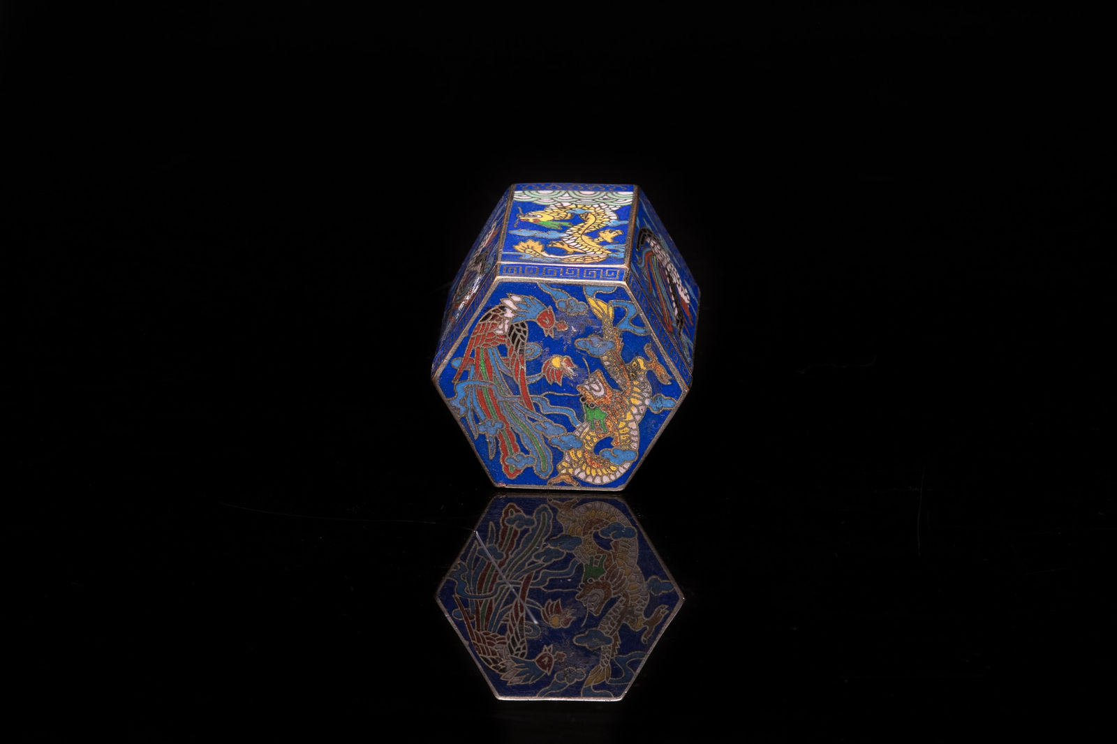 Antique Hexagonal Chinese Opium Boxes in Cloisonné Enamal , decorated with a Dragon and a Phoenix. The Rectangular Box is decorated with Vases and Flowers., 19th Century