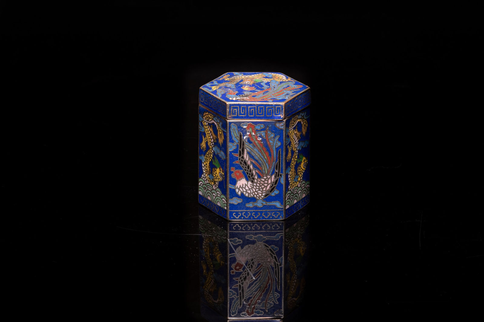 Antique Hexagonal Chinese Opium Boxes in Cloisonné Enamal , decorated with a Dragon and a Phoenix. The Rectangular Box is decorated with Vases and Flowers., 19th Century