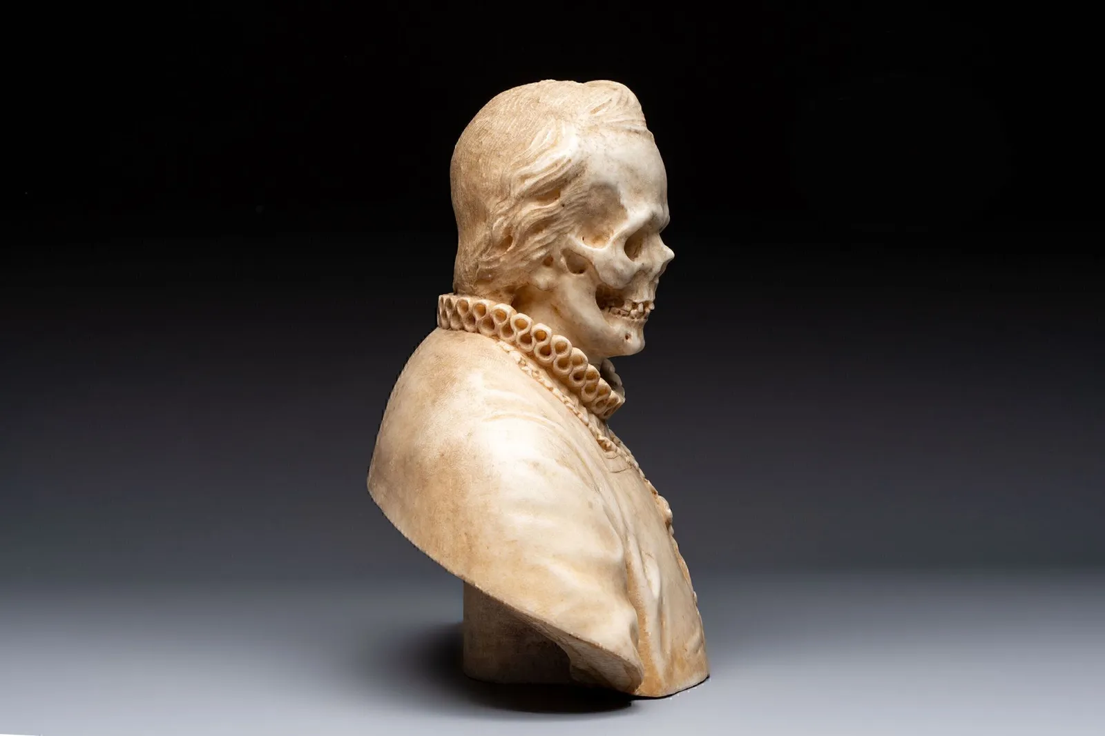 18th C Vanitas (Memento Mori) Bust carved in marble, Italy, 18th C