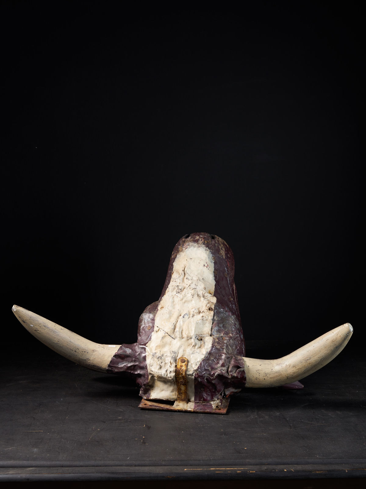 19 th C Butcher's Exterior Shop Sign of a wooden Steer Head covered with polychromed weathered lead, 1st half 19th Century