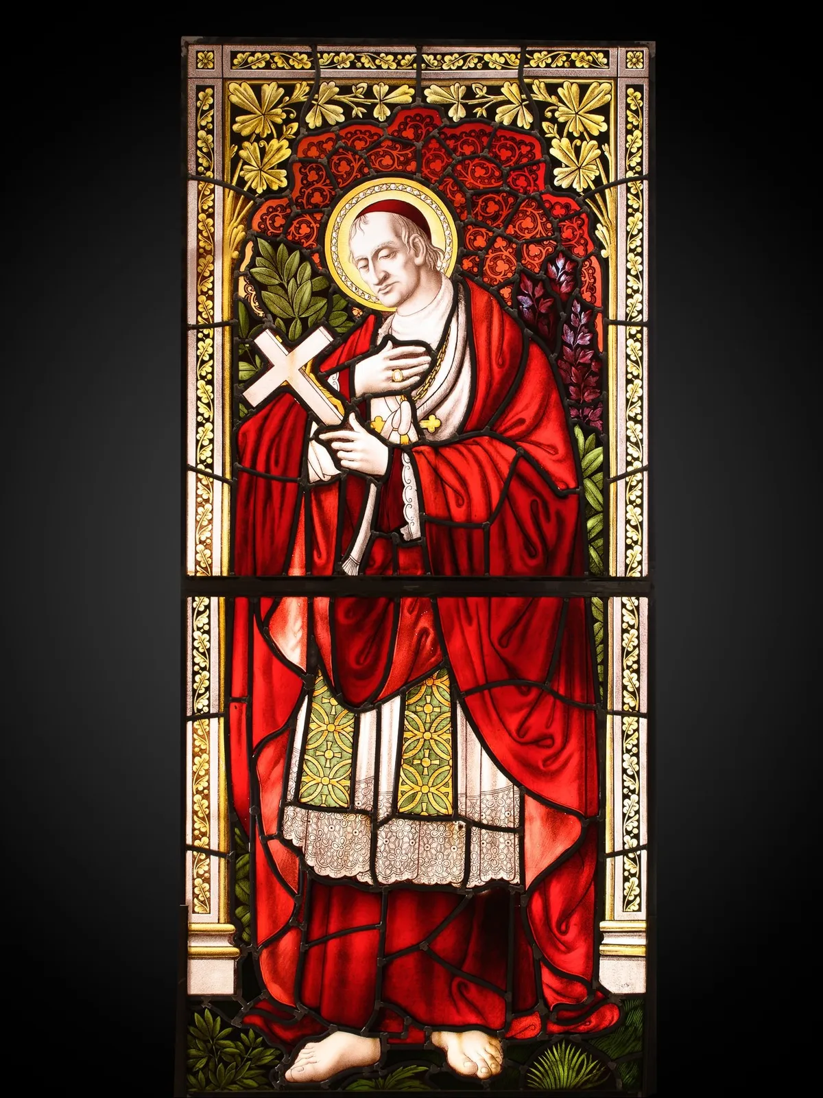 19th C Neo-Gothic Stained Glass Window with Charles Borromeo, Belgium as part of a collection of eight stained glass windows, 19th Century