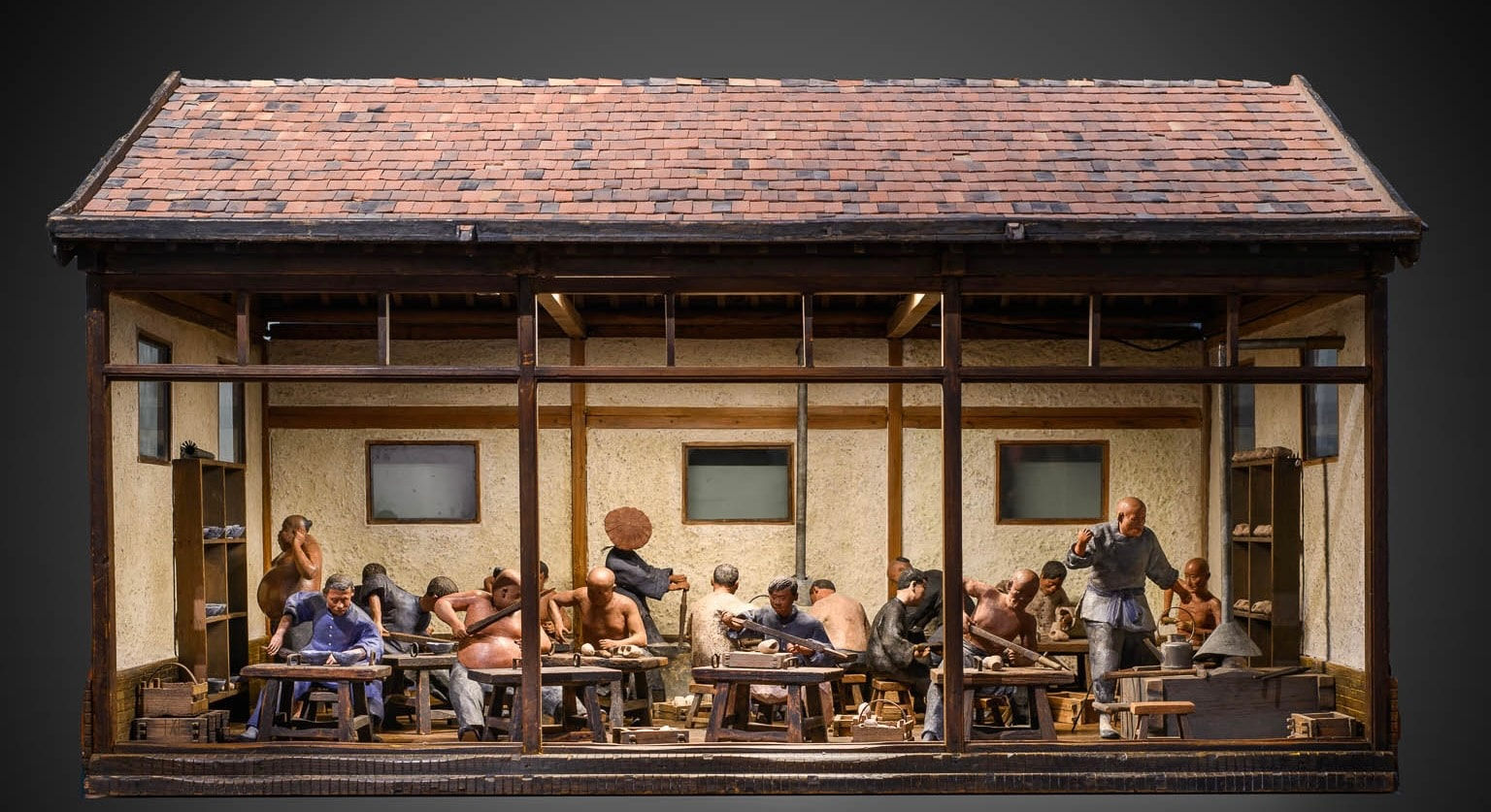 Chinese Ceramic Workshop-Scaled model with 17 polychromed figures., 19th Century