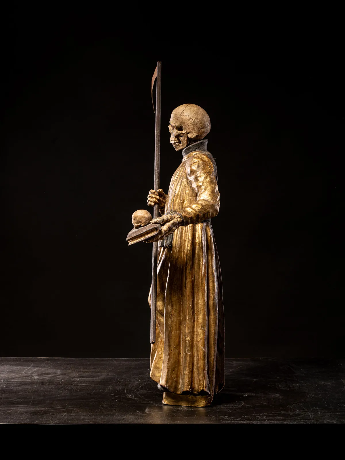 18th C South German polychromed and gilt wood figure of a Monastic “Poor Soul” (Arme Seele), 18th C