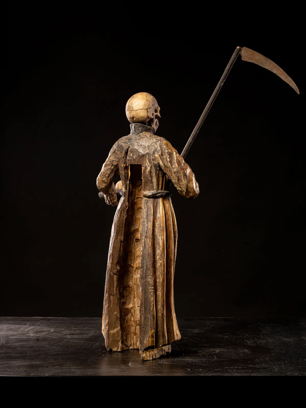 18th C South German polychromed and gilt wood figure of a Monastic “Poor Soul” (Arme Seele), 18th C