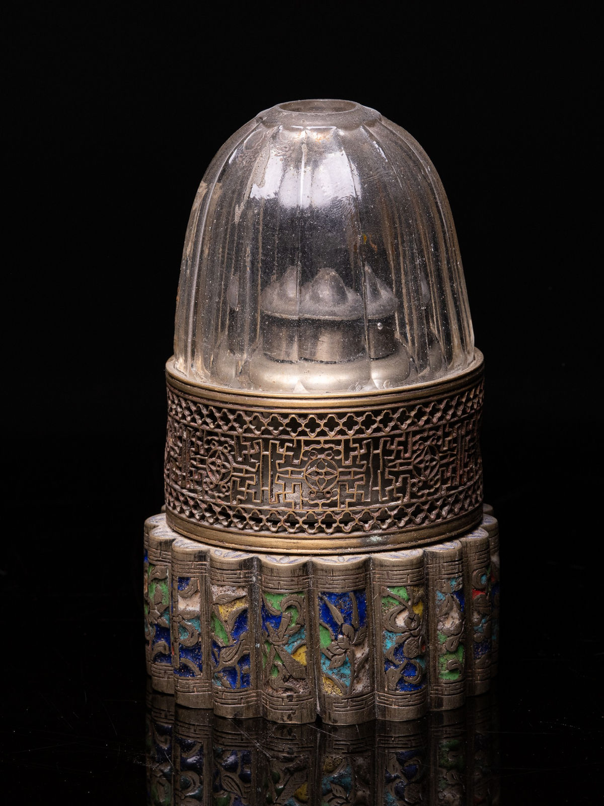 Spectacular Antique Chinese Opium Lamp with a Round Silver Base that is Multi-lobed and elaborated in Cloisonné. The Copper Lamp Glass Holder is perforated. The Lamp Glass is made of Colorless Glass with Facets., 19th Century